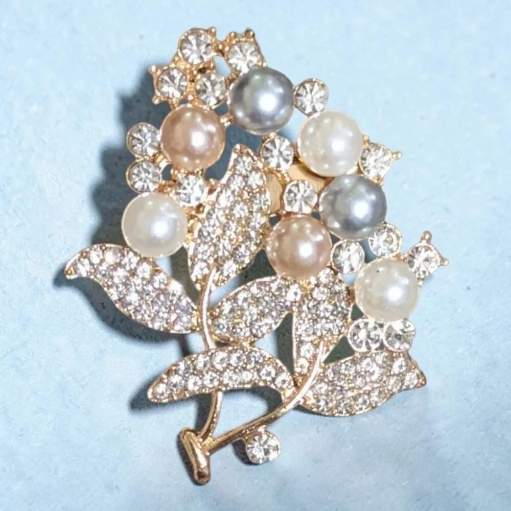 Pearl Rhinestone Floral Brooch, Gold Tone Flower Bouquet Pin, Cottagecore Brooch